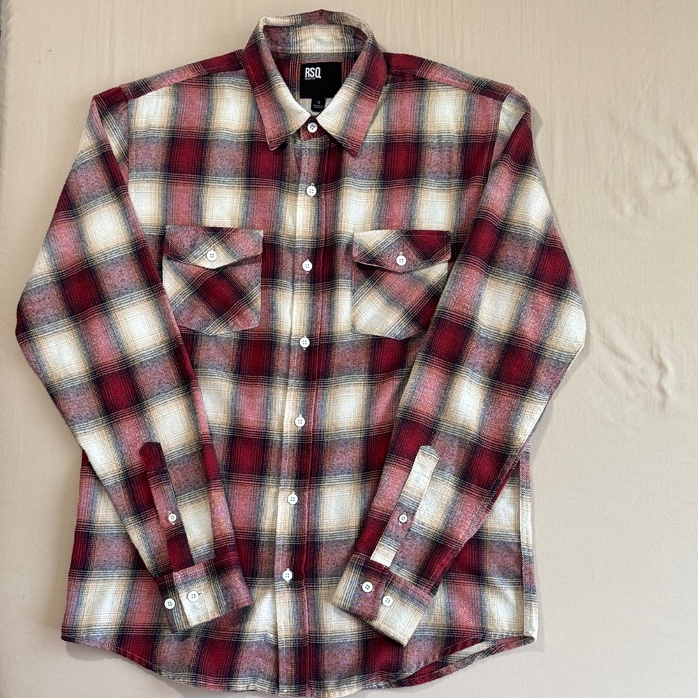 RSQ Men's Burgundy and Cream Plaid Shirt